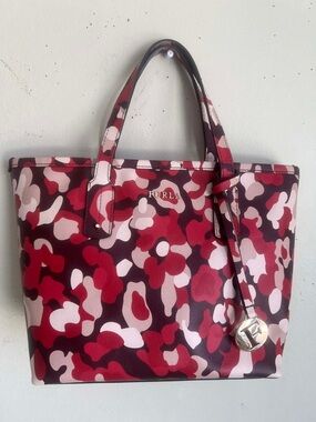 Furla Red and Pink Camouflage Tote with Gold Charm